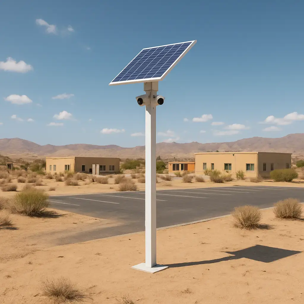 A mobile security post equipped with two turret-style cameras is deployed in a desert environment within a parking lot, serving as a perimeter defense asset for property protection. The post's mobility allows for rapid repositioning to adapt to changing threats or surveillance requirements, while the dual turret cameras provide wide-angle, high-definition coverage with pan-tilt-zoom capabilities. In the harsh desert setting—characterized by extreme temperatures, dust, and glare—the cameras are typically housed in weatherproof, vibration-resistant enclosures to ensure reliable operation. Mounted at an elevated height, the post offers an unobstructed view of the outer perimeter, enabling continuous monitoring of vehicle and pedestrian entry points. The system operates autonomously or integrates with a central security network, sending real-time alerts upon detecting unauthorized access or suspicious behavior. This configuration enhances situational awareness for security personnel, reduces blind spots, and acts as a visible deterrent. By combining mobility, robust camera technology, and desert-hardened design, the mobile security post effectively guards the parking lot’s boundary, safeguarding property against intrusion, theft, or vandalism in challenging environmental conditions.