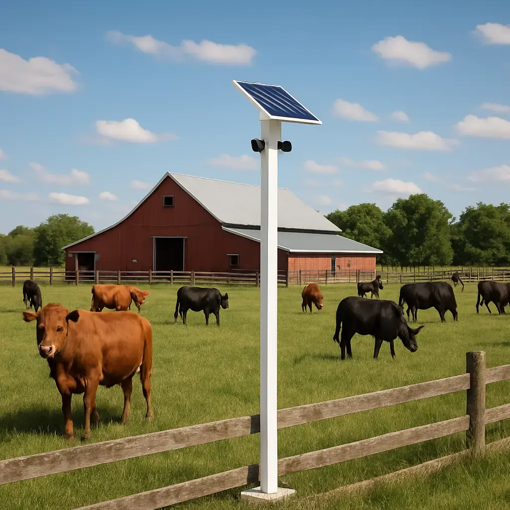 A mobile security post equipped with two black-colored cameras is deployed on a farm to monitor the outer perimeter and protect livestock, including cows and horses. This portable surveillance system is designed for flexible placement along field edges, paddocks, or pasture boundaries. The cameras provide continuous visual monitoring, deterring potential predators or unauthorized intruders that may threaten the animals. The post's mobility allows farmers to reposition it as needed, adapting to changing grazing patterns or seasonal requirements. Each camera offers clear daytime and nighttime imagery, enabling round-the-clock observation without the need for fixed infrastructure. By covering vulnerable entry points, the system helps ensure the safety of herds, reducing the risk of loss or injury. The black-colored cameras blend into the rural environment while maintaining a professional security presence. Overall, this mobile solution combines practicality with reliable surveillance, giving farmers peace of mind that their valuable livestock remains under constant watch.